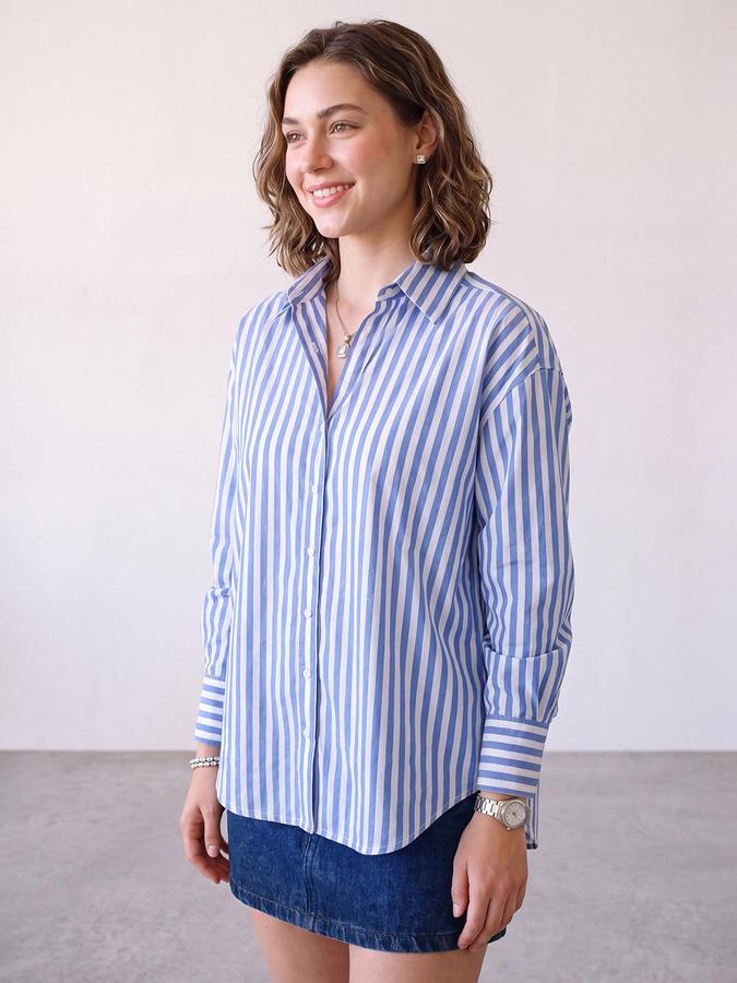 R&B Women Blue Vertical Stripes Long Sleeves Regular Fit Shirt