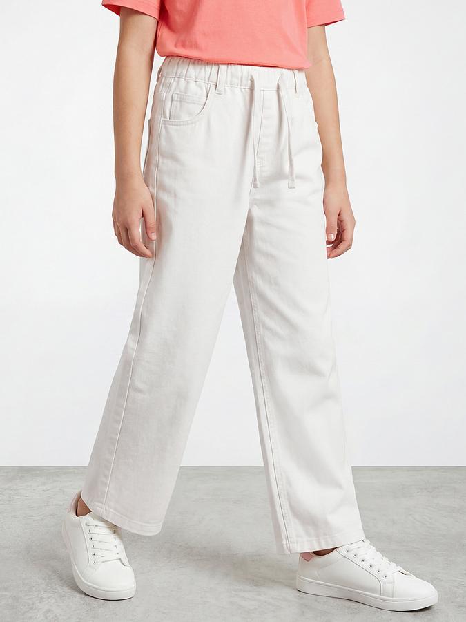 R&B Girls White Regular Fit Solid Mid-Rise Cotton Jeans