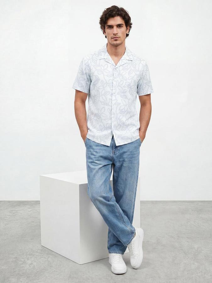 R&B Men White Floral Print Resort Collar Short Sleeves Regular Fit Shirt