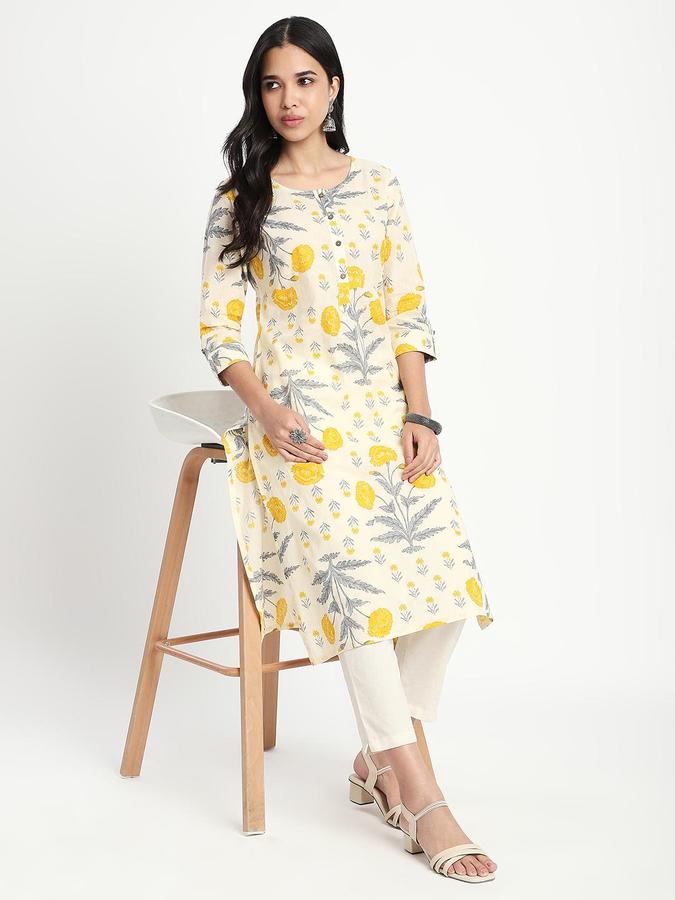 R&B Women Yellow Floral Print Round Neck Knee Length Pure Cotton Ethnic Kurta