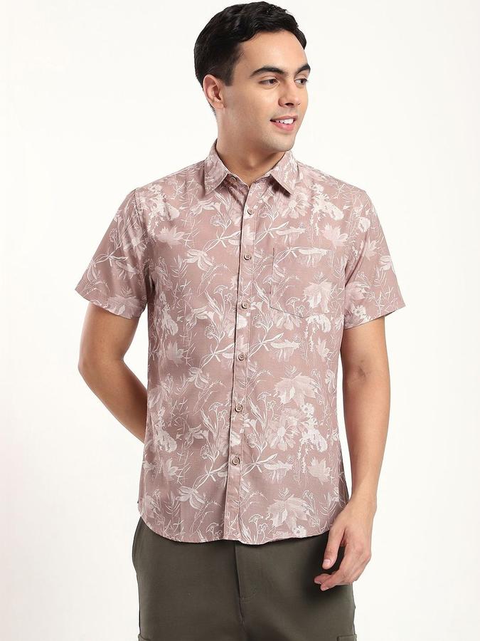 R&B Men Beige Floral Print Half Sleeves Slim Fit Shirt