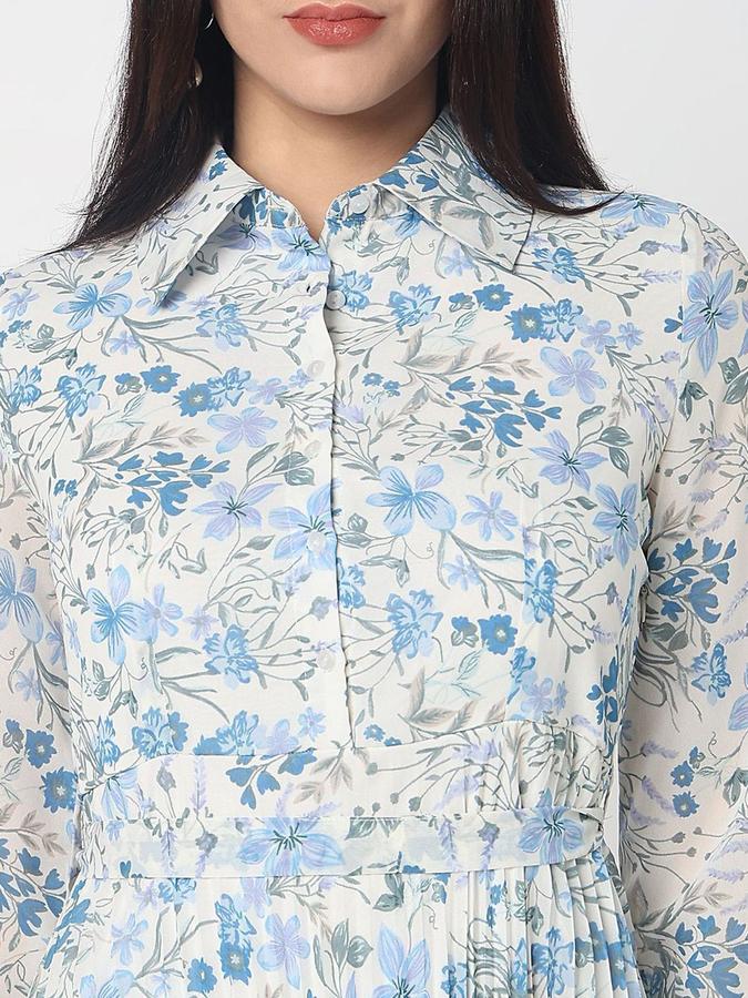 R&B Women Blue Floral Long Sleeves Shirt Collar Maxi Fit &amp; Flare Dress