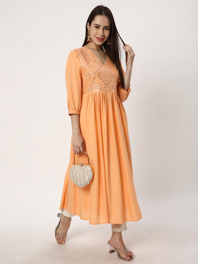Women Rayon Regular Fit V Neck Embellished Kurta