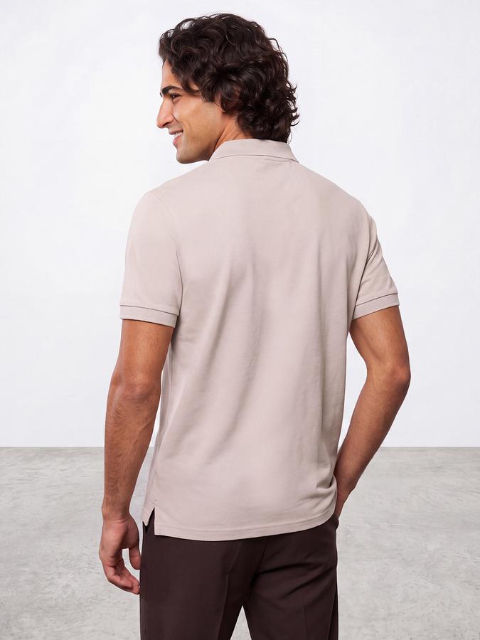 R&B Men Beige Solid Short Sleeves Pure Cotton Polo Collar Tshirt