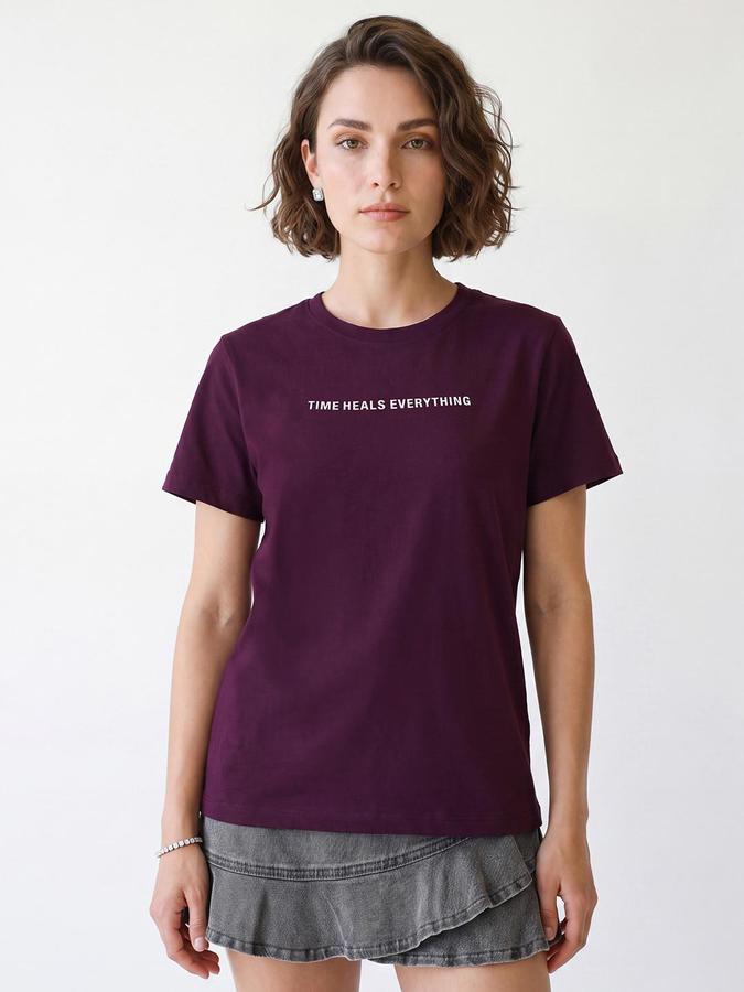 R&B Women Purple Short Sleeve Round Neck Typography Graphic Print T-Shirt