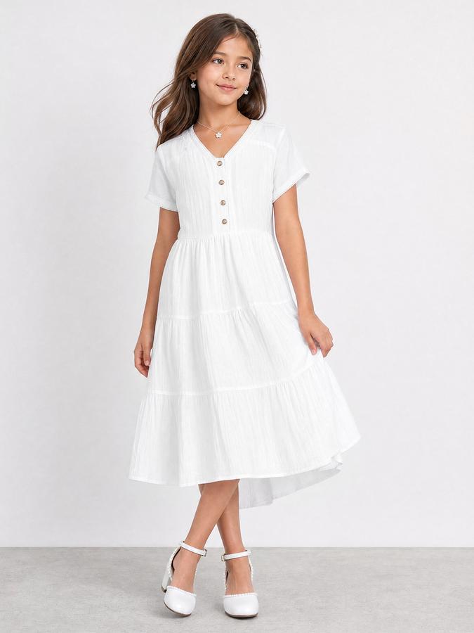 R&B Girl White Texture Pure Cotton Short Sleeves Fit and Flare Dress