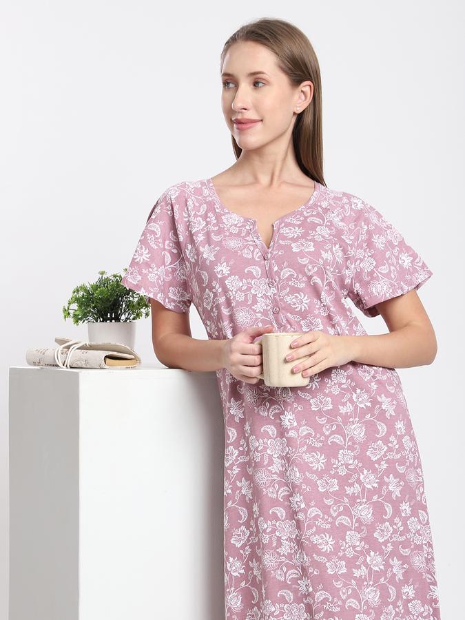 Women Cotton Regular Fit Round Neck Floral Night Shirt