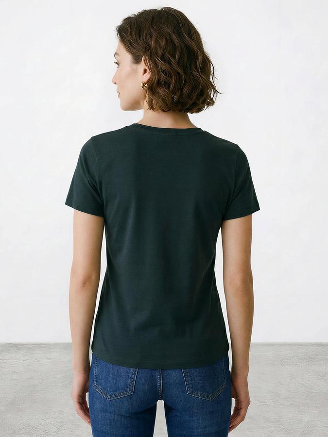 R&B Women Green Short Sleeve V Neck Solid T-Shirt