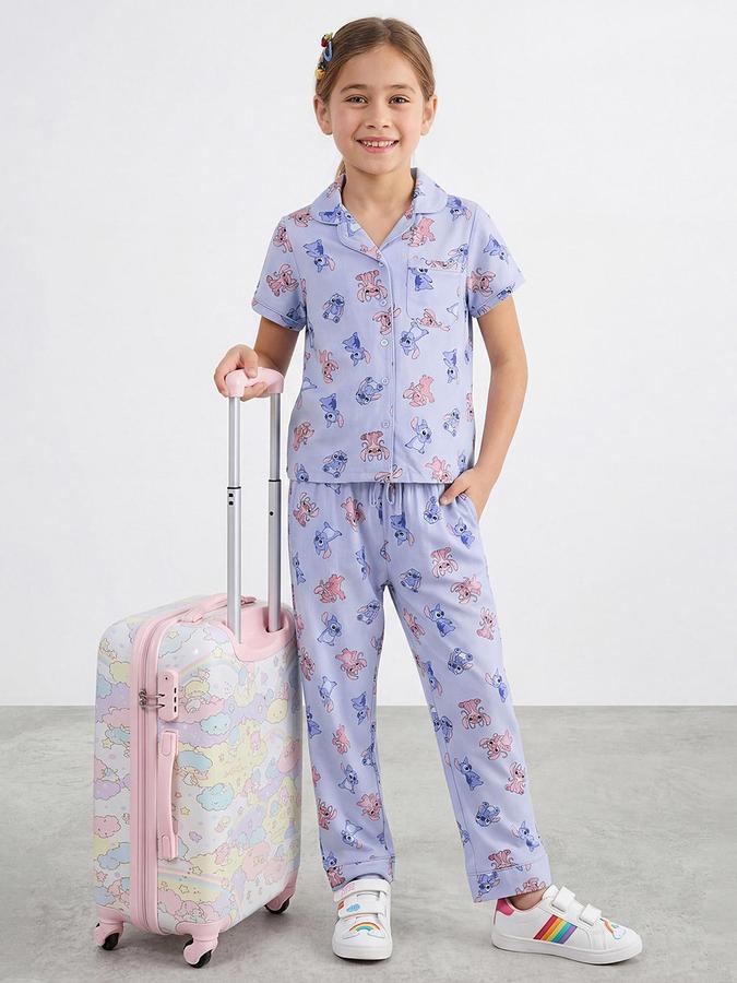 R&B Girls Blue Stitch & Angel Print Resort Collar Pure Cotton Shirt & Pyjama Set