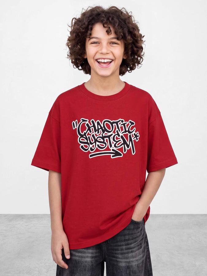 R&B Boys Red Typography Print Short Sleeves Round Neck Pure Cotton T-Shirt