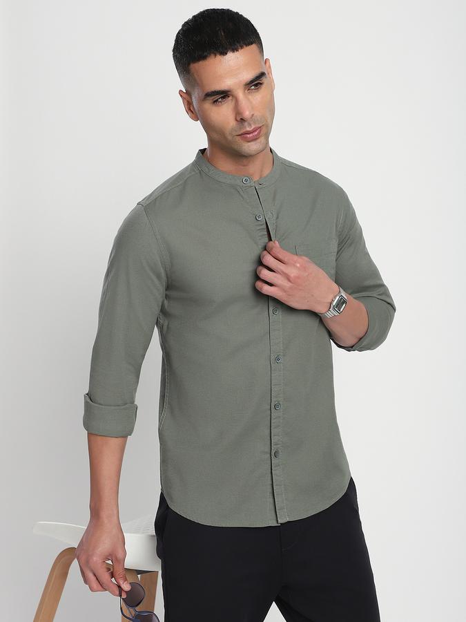 Men Cotton Slim Fit Mandarin Collar Solid Shirt