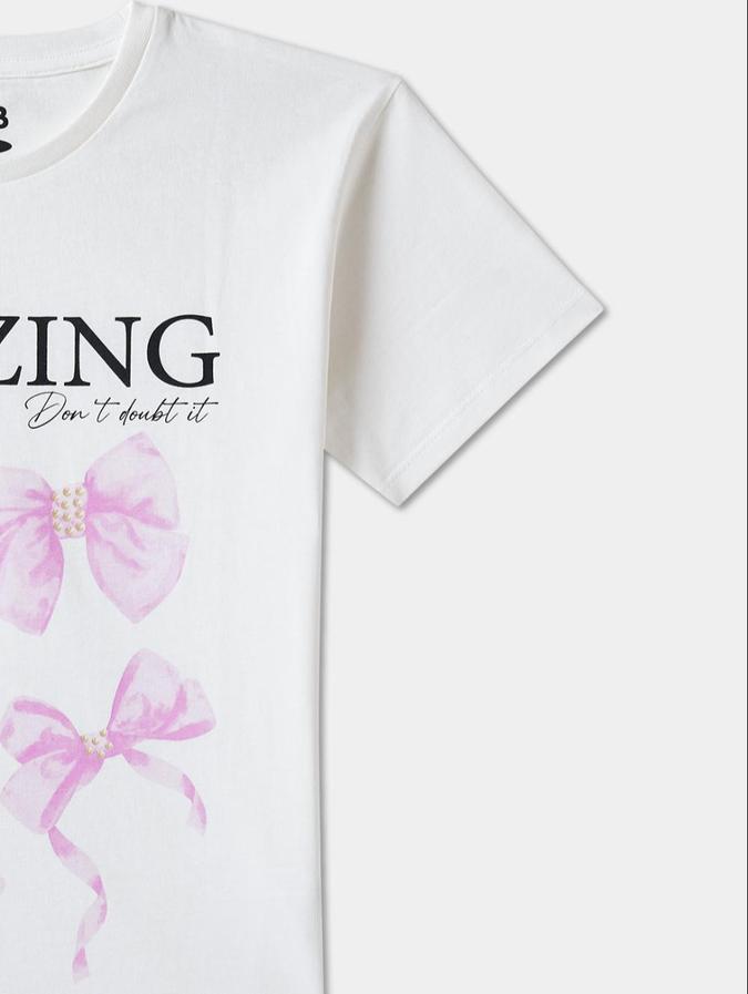R&B White Cotton Round Neck Printed Girl T-Shirt