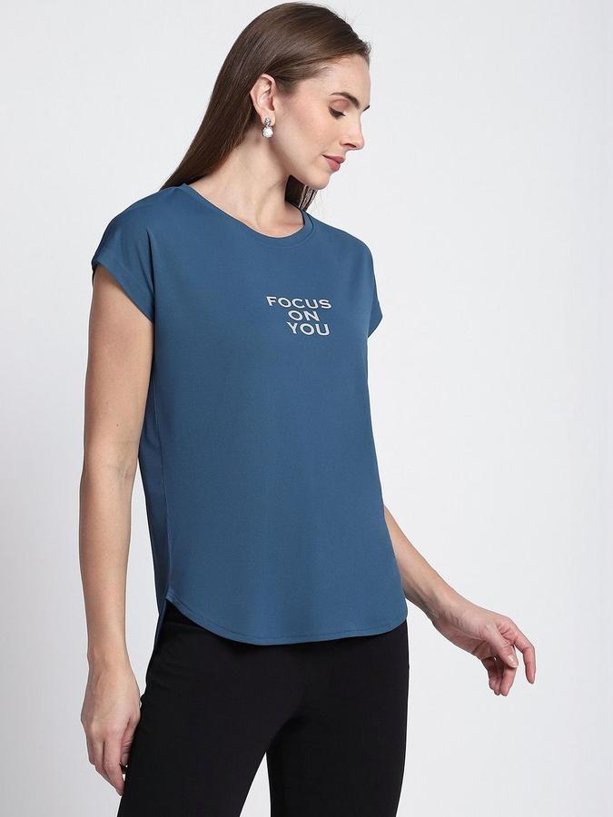 R&B Womens Teal Blue Typography Printed  Round Neck Short Sleeves T-shirt