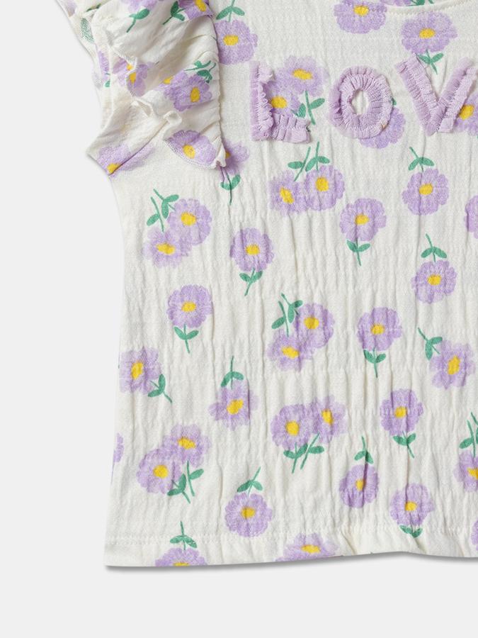 Girls Cotton Regular Fit Crew Neck Cap Sleeve Floral Top