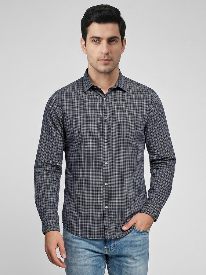 R&B Blue Checked Men Spread Collar Long Sleeves Shirt
