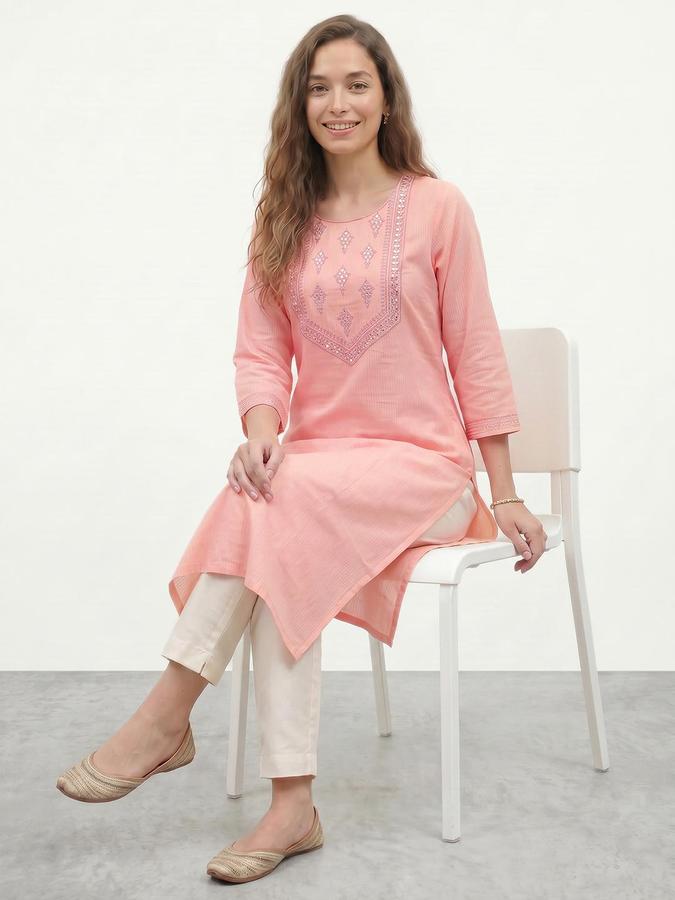 R&B Women Peach Embroidered Round Neck Three-Quarter Sleeves Calf Length Straight Kurta 
