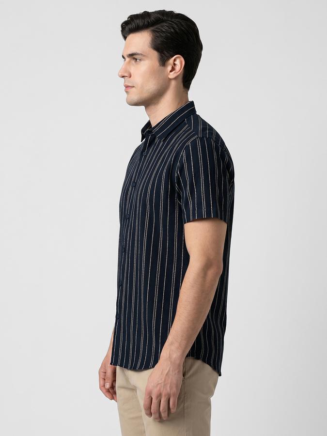 R&B Navy Blue Striped Men Spread Collar Short Sleeves Shirt