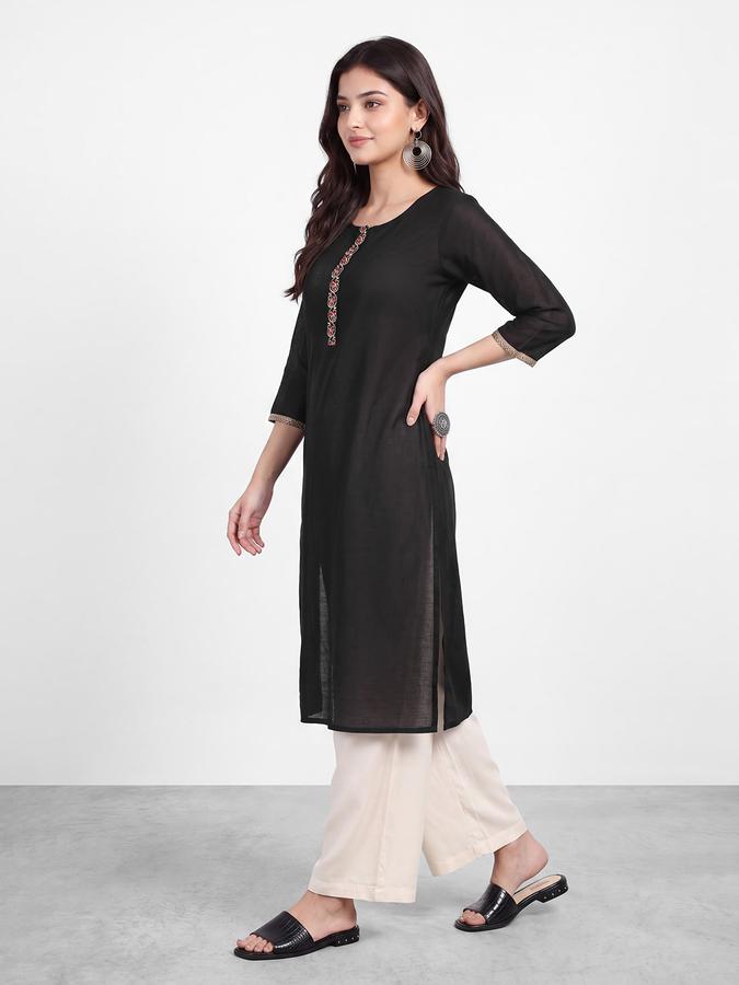 R&B Womens Black Three-Quarter Sleeves Round Neck Floral Embroidery Straight Kurta