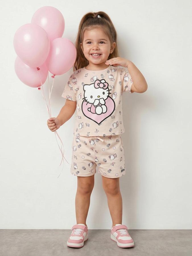 R&B Pink Girls Printed Short Sleeves Clothing Set