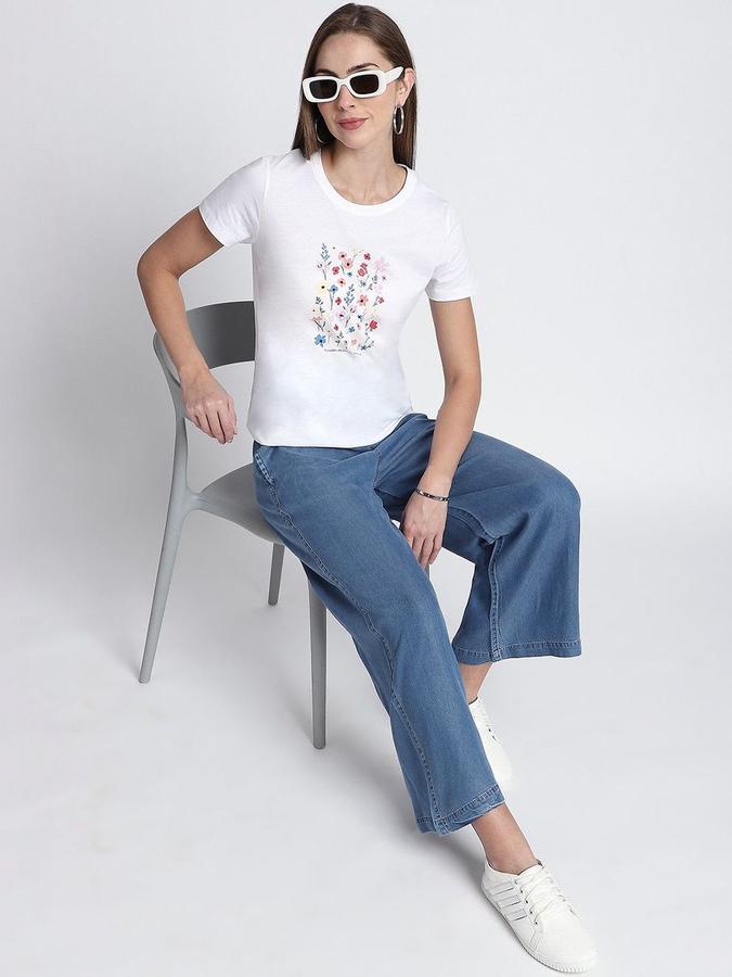 R&B Womens White Floral Print Round Neck Short Sleeves T-shirt