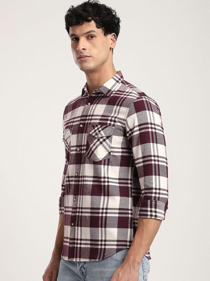 R&B Men Maroon Checked Long Sleeves Shirt 