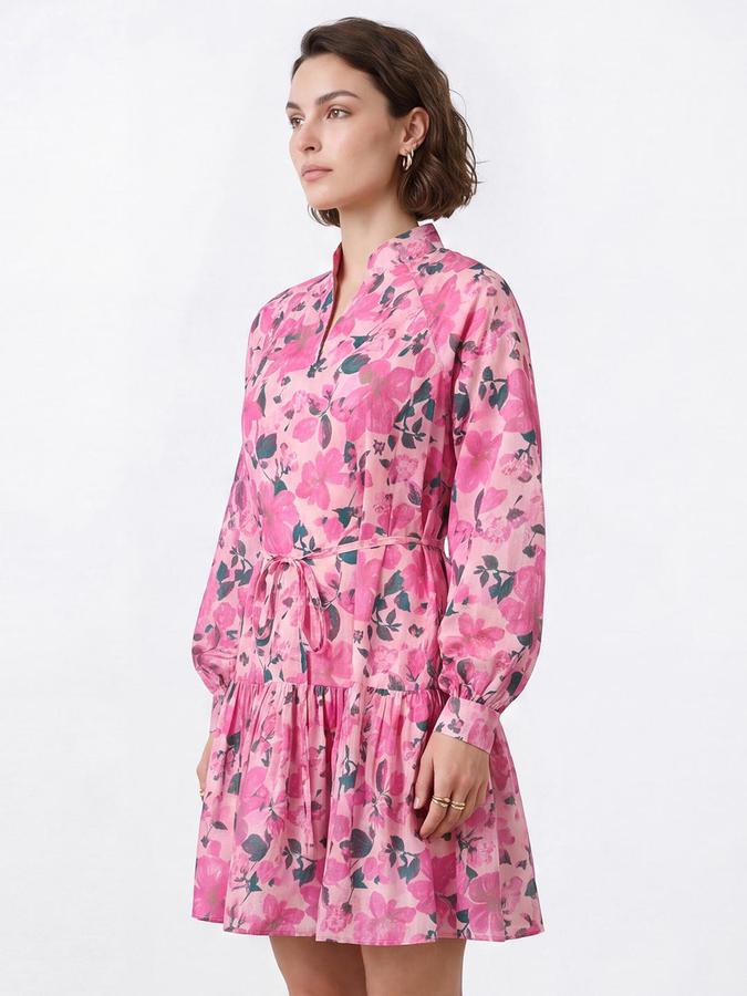 R&B Women Pink Floral Print Mandarin Collar Cuffed Long Sleeves Fit & Flare Mini Dress