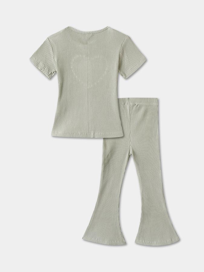 Girls Cotton Blend Solid Top and Flared Trousers Set