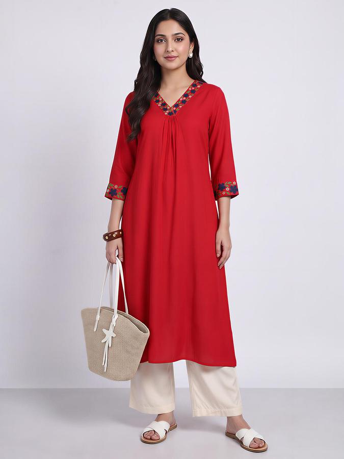 R&B Women Red Floral Embroidered V-Neck Three-Quarter Sleeve A-Line Kurta