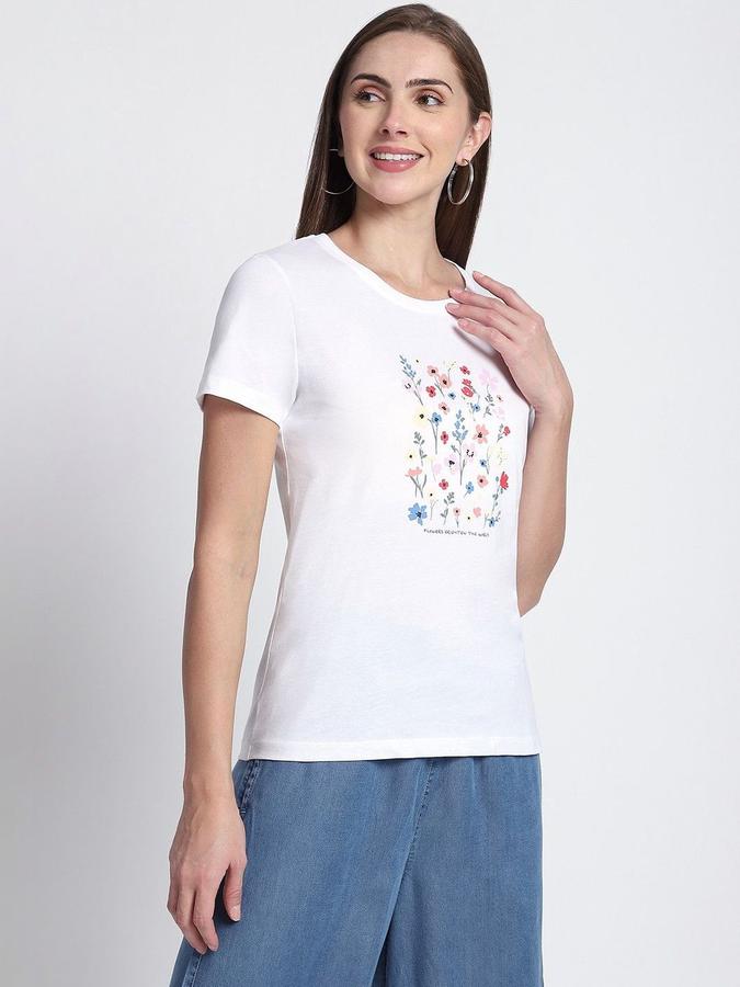 R&B Womens White Floral Print Round Neck Short Sleeves T-shirt