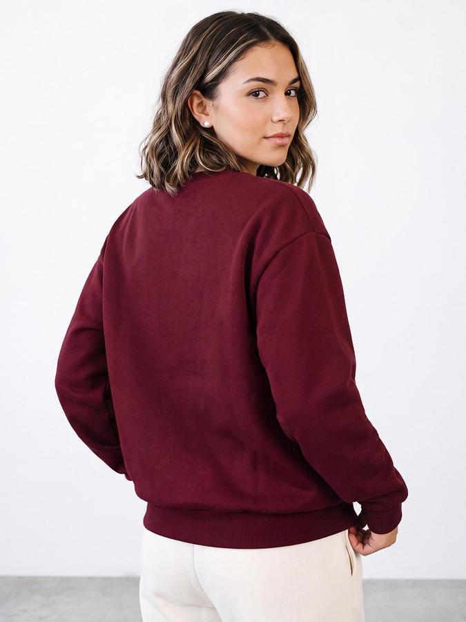 R&B Women Burgundy Varsity Typography Round Neck Long Sleeves Relaxed Fit Sweatshirt