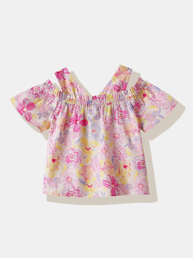 Girls Cotton Regular Fit Scoop Neck Short Sleeve Floral Top
