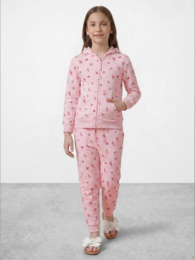 R&B Girls Pink Printed Long Sleeves Hooded Neck Sweatshirt& Joggers Set 