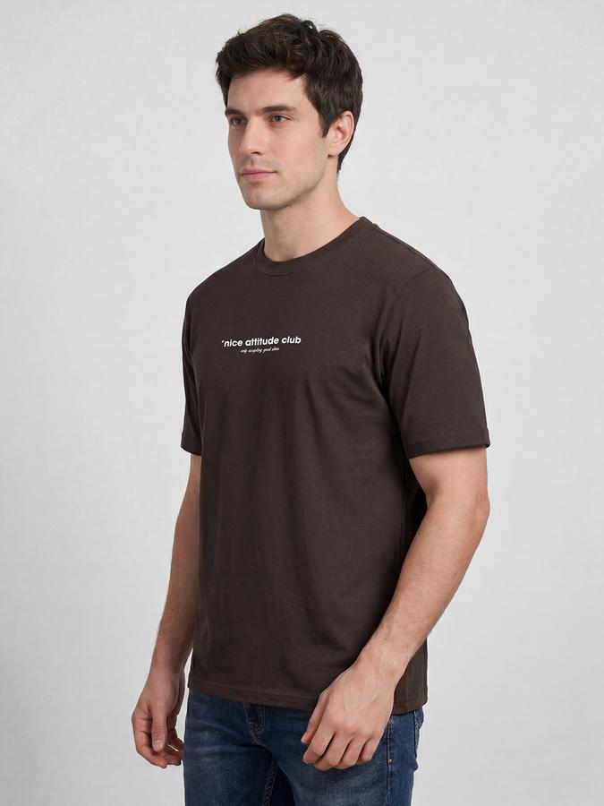 R&B Coffee Brown Typography Men Round Neck Relaxed Fit Short Sleeves T-Shirt 
