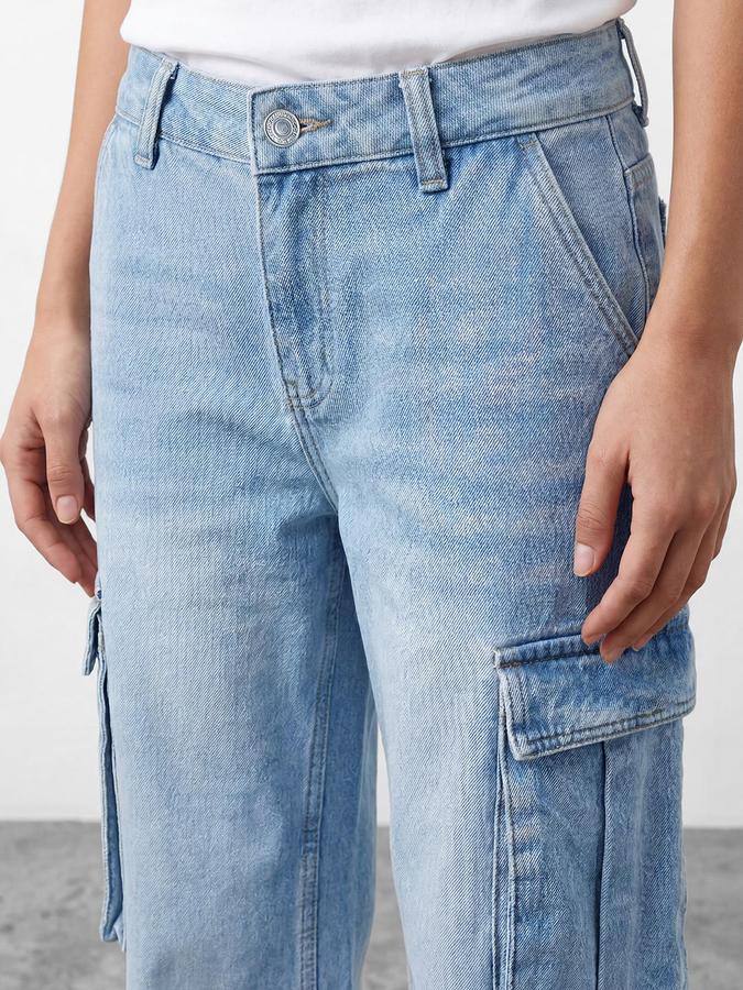 R&B Women's Blue Straight Fit Pure Cotton Cargo Jeans