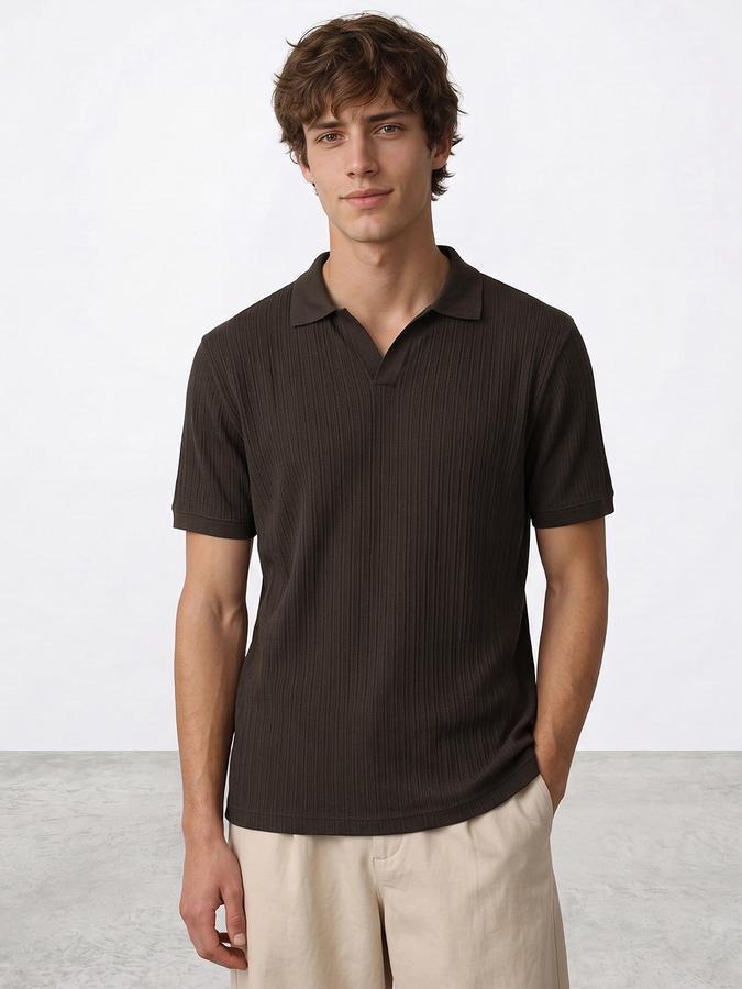 R&B Men Brown Textured Short Sleeves Polo Collar T-Shirt