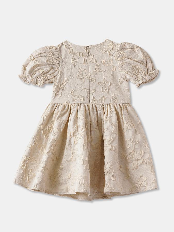 Girls Floral Jacquard Puff Sleeve Round Neck Fit & Flare Dress