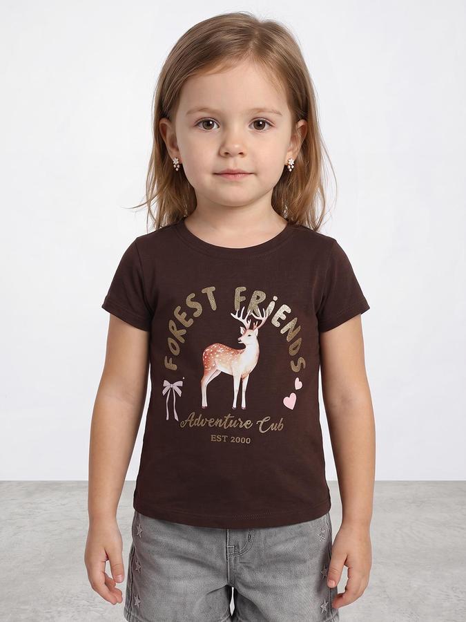 R&B Girls Dark Brown Graphic Print Short Sleeves Round Neck Pure Cotton T-Shirt