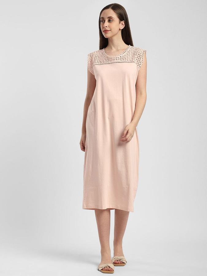 R&B Women Pink Solid Sleeveless Round Neck Midi Shift Dress