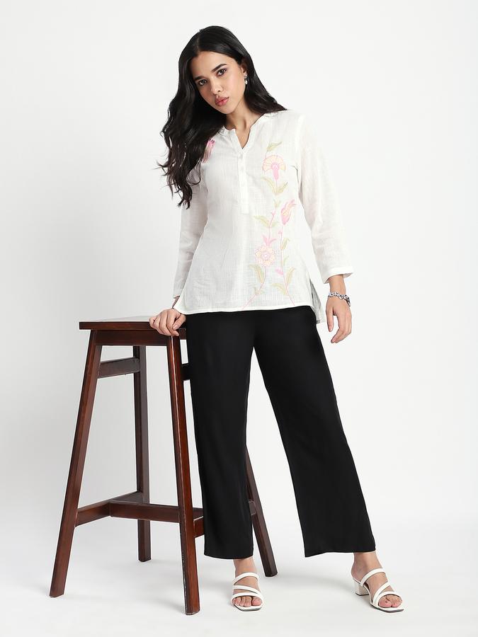 Women Viscose Regular Fit Mandarin Collar Embroidered Top