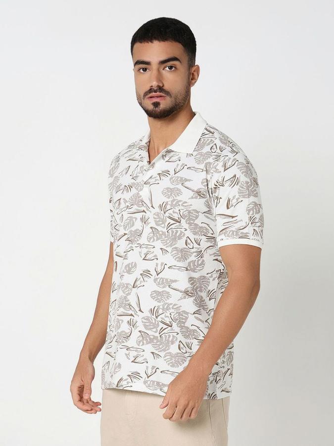 R&B Mens Ivory Floral Print Polo Collar Short Sleeves T-shirt