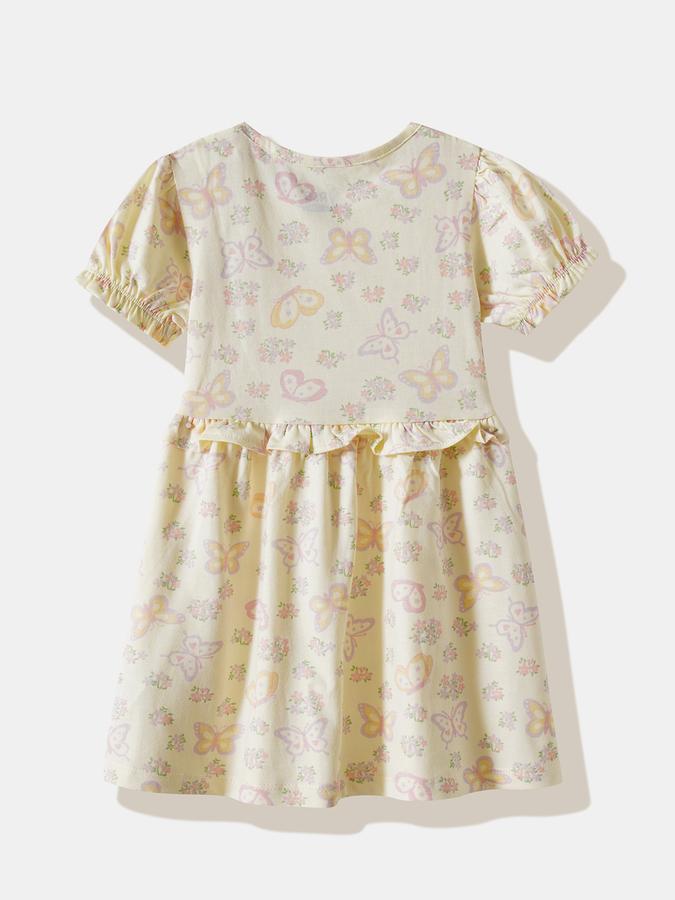 Girls Cotton Regular Fit Round Neck Ruffled Dress