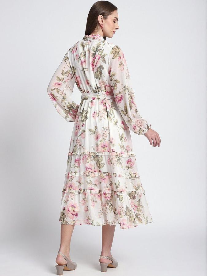 R&B Women Pink Floral Long Sleeves Mandarin Collar Midi A-Line Dress