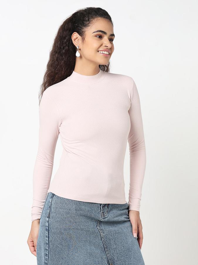 R&B Women Pastel Pink Solid Ribbed Top