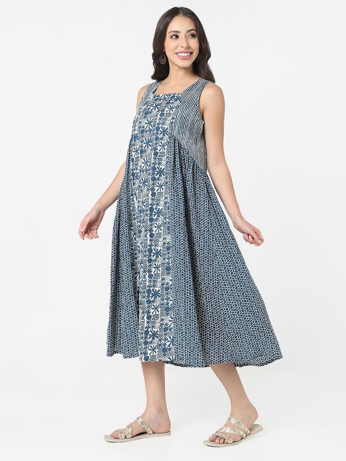 R&B Women Blue Paneled Sleeveless Square Neck Midi A-Line Dress