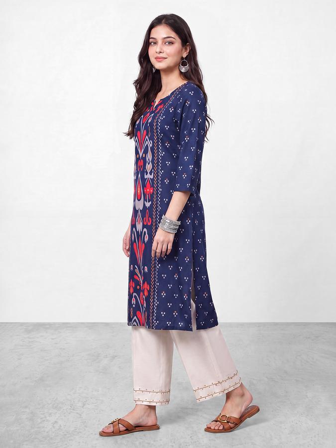 R&B Womens Navy Blue Three-Quarter Sleeves Round Neck Floral Printed Straight Kurta