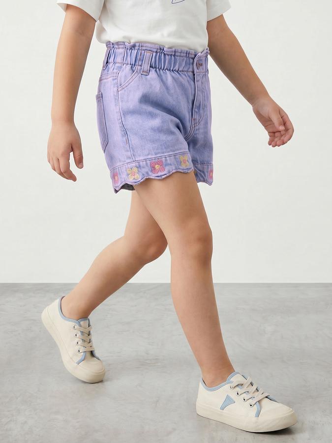 R&B Girls Blue Embroidered Mid Rise Pure Cotton Denim Shorts
