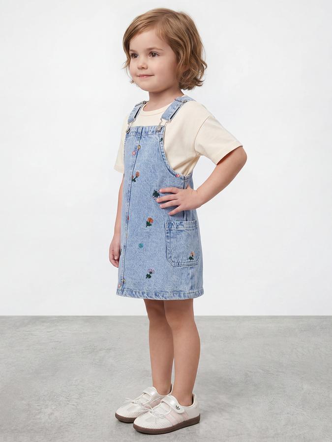 R&B Girl Blue &amp; Beige Regular Fit Floral Pure Cotton Dungaree