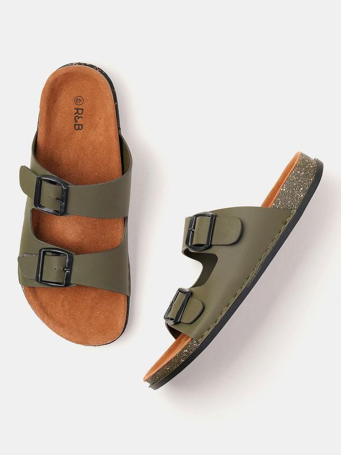 R&B Men Olive Solid Buckle Detailing Comfort Flat Sandals