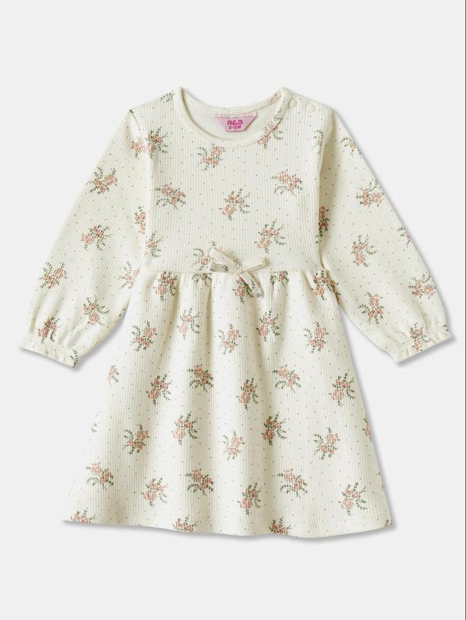 R&B Off White Floral Printed Girls Long Sleeves Dress