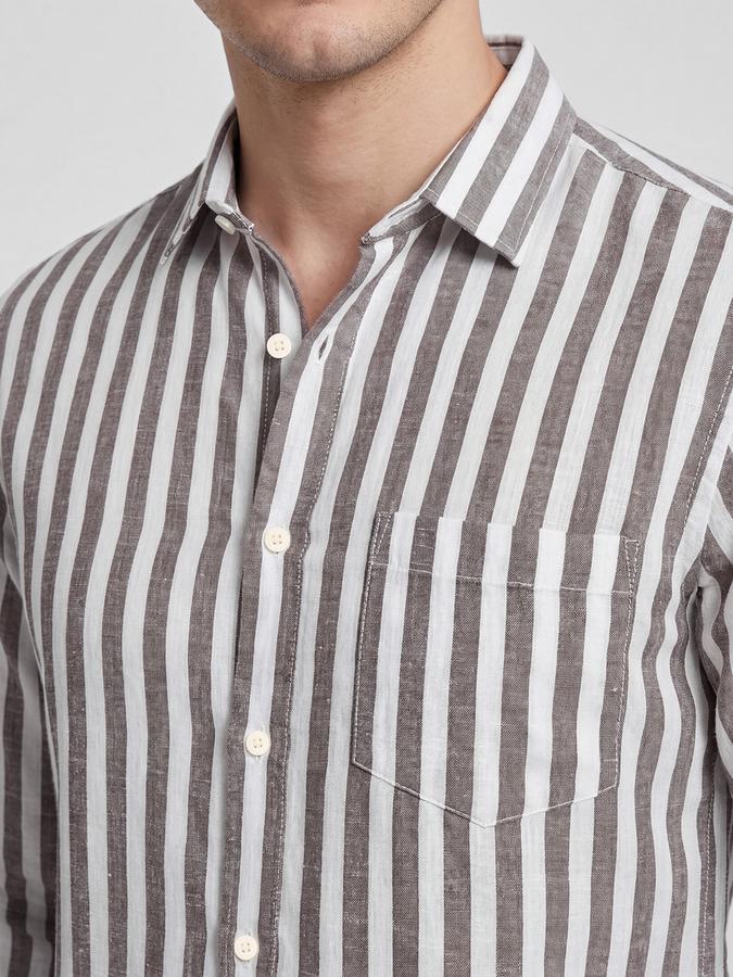 R&B Rust Striped Men Spread Collar Long Sleeves Shirt